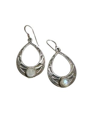 Vintage Sterling Silver Rainbow Moonstone Teardrop Dangle Earrings – Signed VM